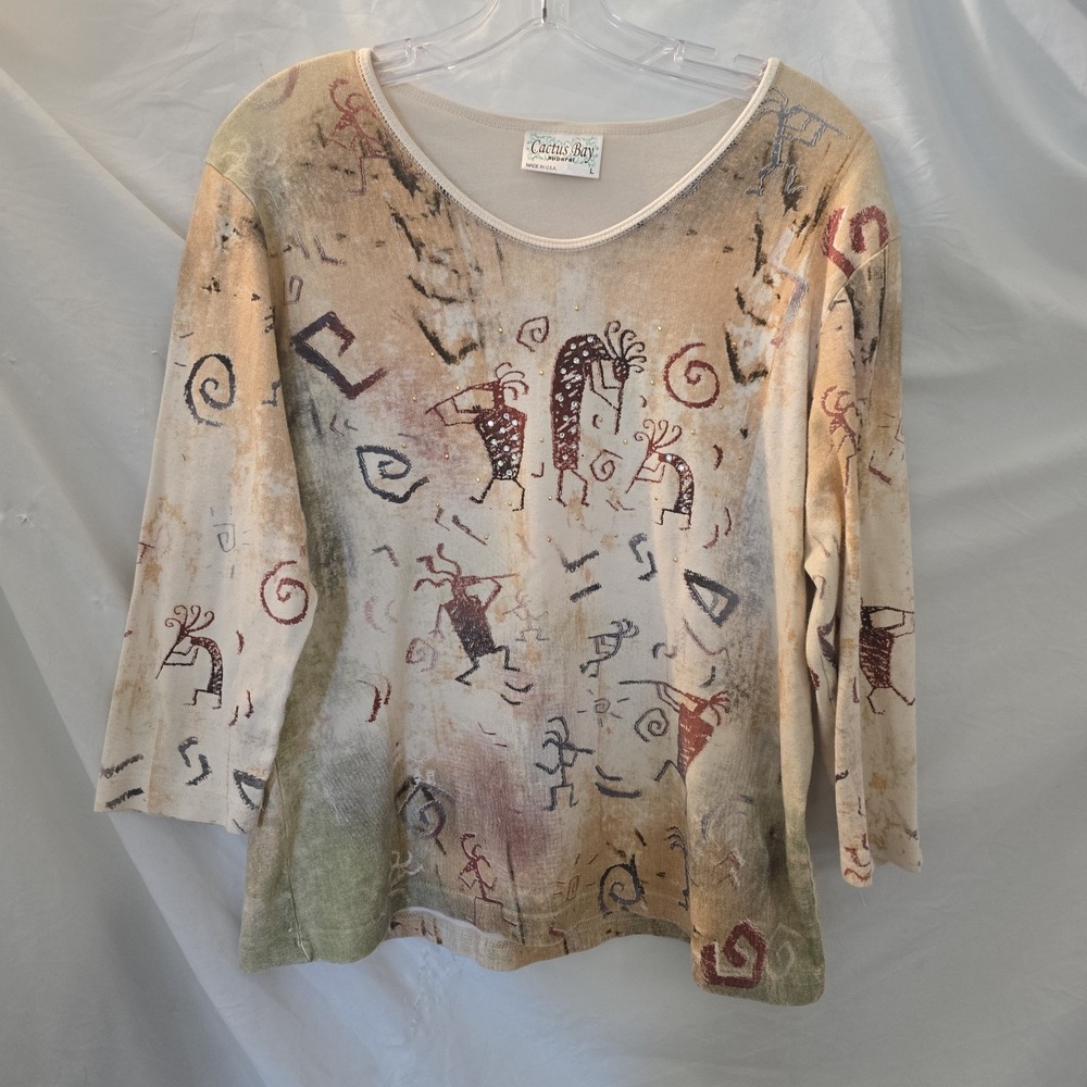 Cactus Bay Apparel Top Southwestern Kokopelli Print USA Made Rhinestones Sz L